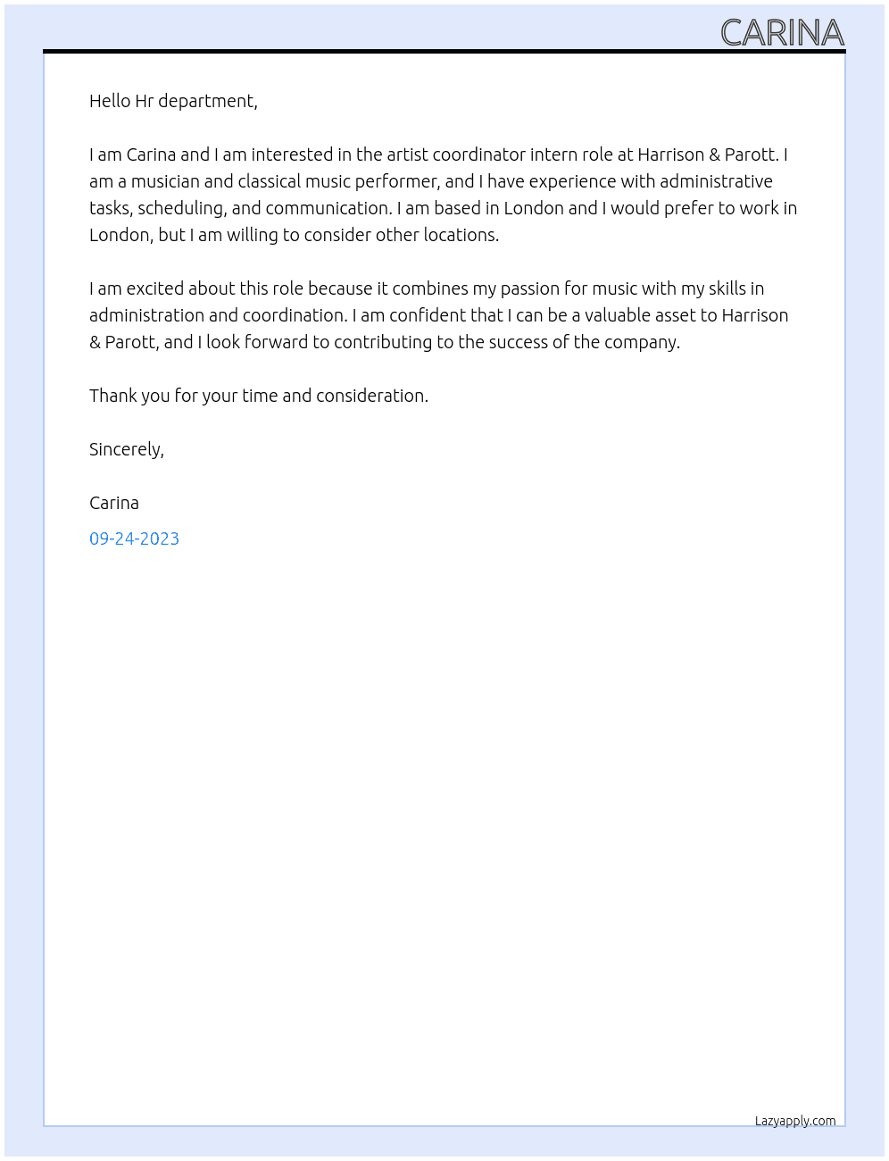 Artist coordinator intern At Harrison & Parott Cover Letter