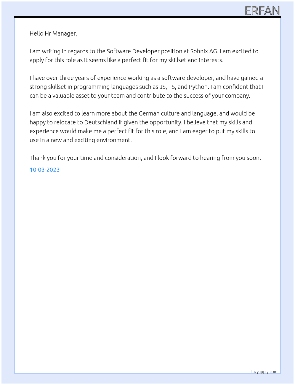 Software Developer  At Sohnix AG Cover Letter