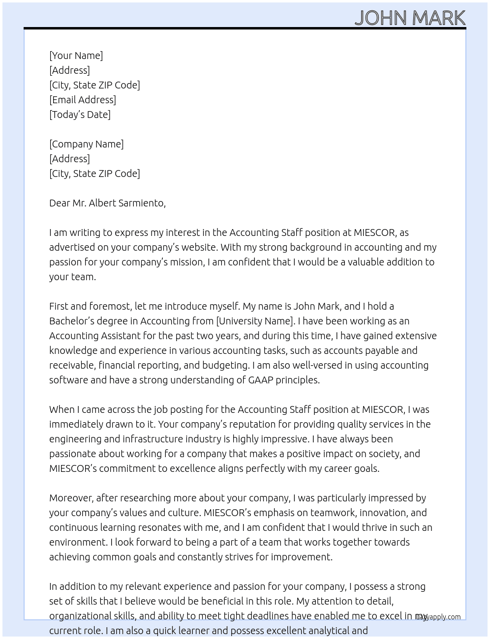 ACCOUNTING STAFF At MIESCOR Cover Letter