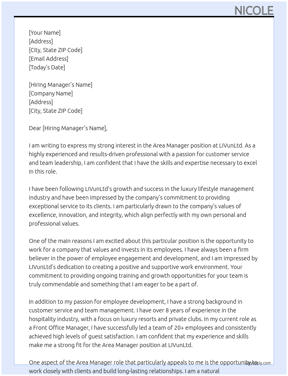 Area manager At LIVunLtd Cover Letter