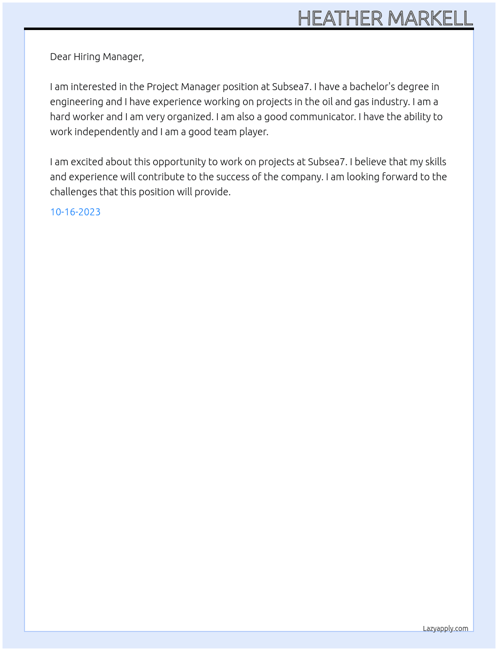 Project Manager At Subsea7 Cover Letter
