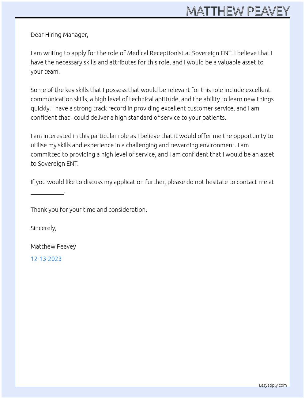 Medical Receptionist At Sovereign ENT Cover Letter