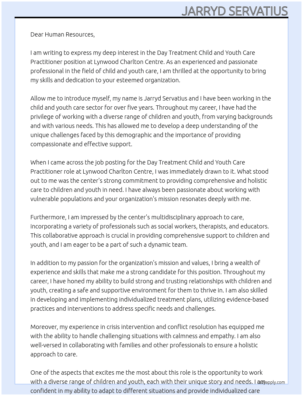 Day Treatment Child and Youth Care Practitioner At Lynwood Charlton Centre Cover Letter