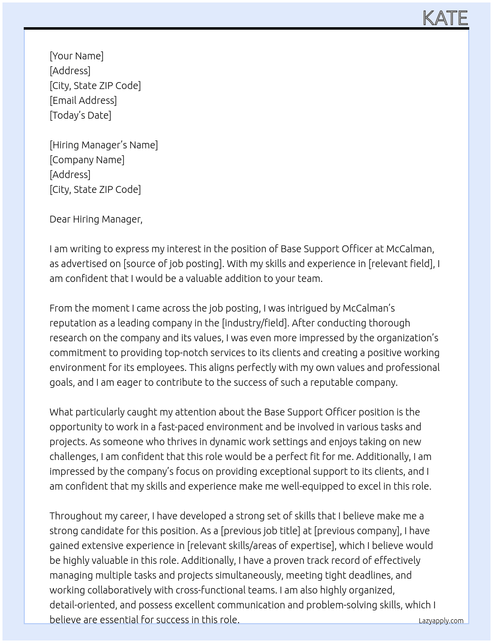 Base Support Offcier At mccalman Cover Letter