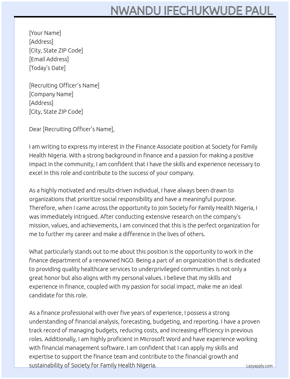 FINANCE ASSOCIATE At SOCIETY FOR FAMILY HEALTH Nigeria Cover Letter