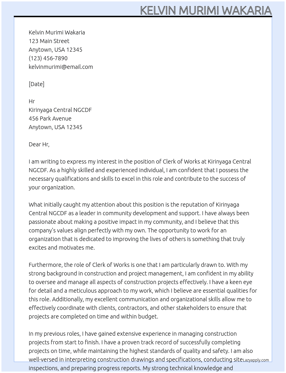 Clerk of works At Kirinyaga central ngcdf Cover Letter
