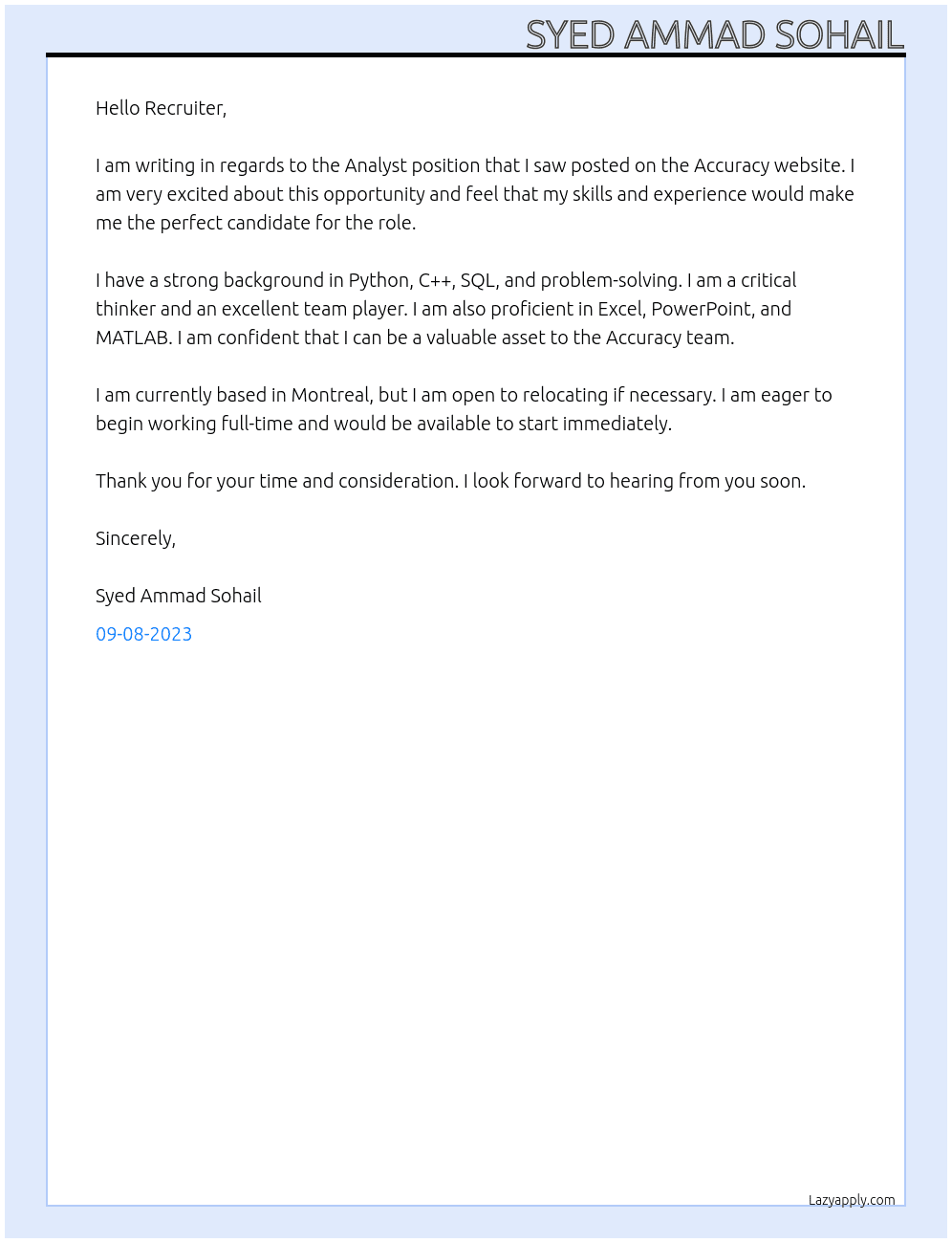 Analyst At Accuracy Cover Letter