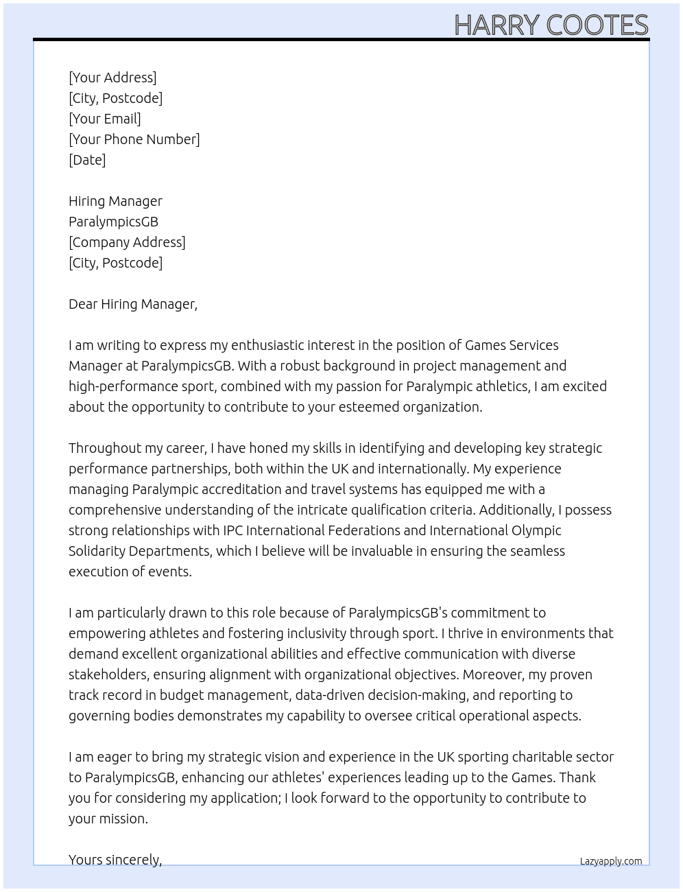 Cover letter for games services manager - LazyApply