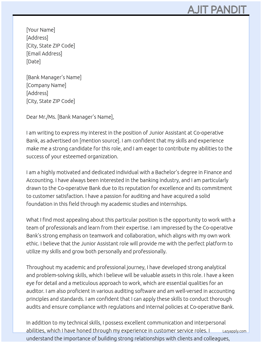 Junior assistant  At Co-operative bank Cover Letter