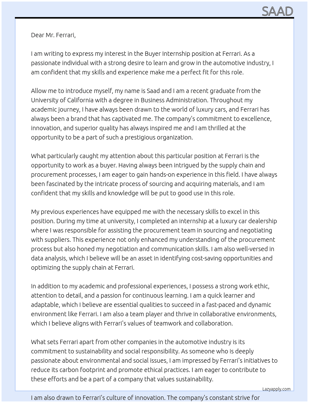 buyer intership At ferrari Cover Letter