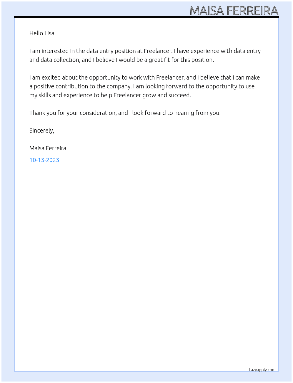 entrada de dados  At Freelancer Cover Letter