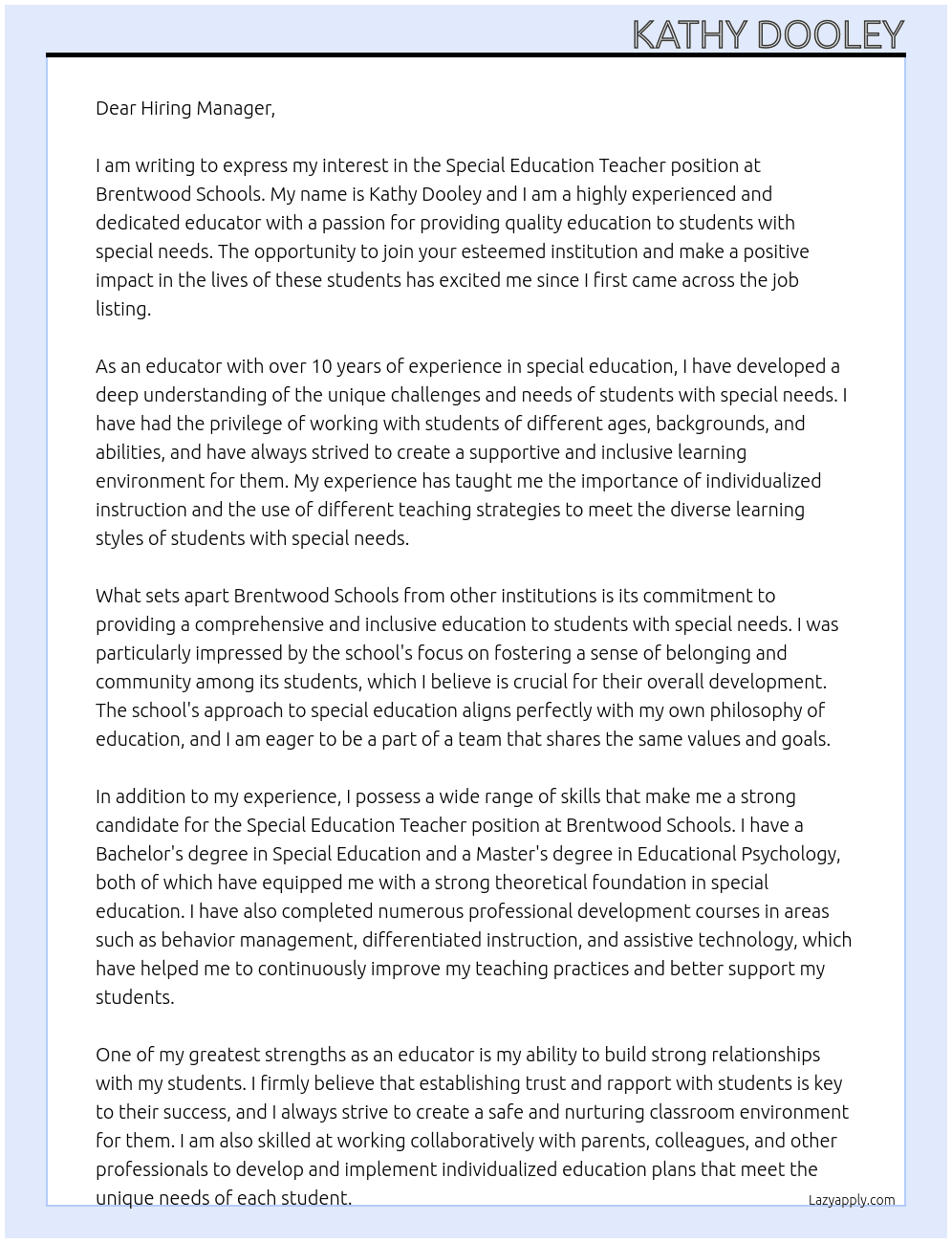 Special Education Teacher At Brentwood Schools Cover Letter