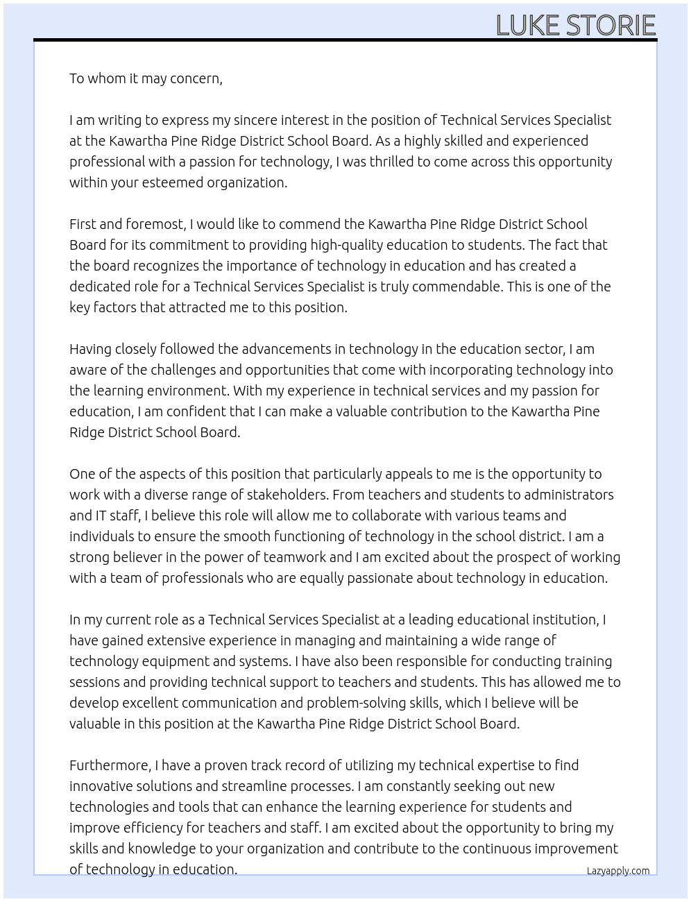 Technical Services Specialist At Kawartha Pine Ridge District School Board Cover Letter