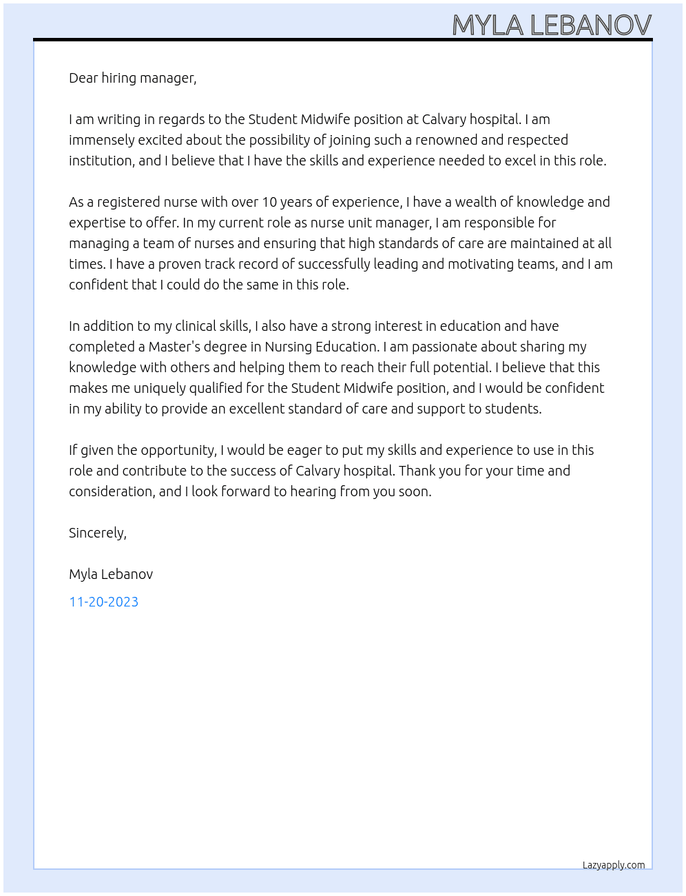 Student Midwife At Calvary hospital  Cover Letter