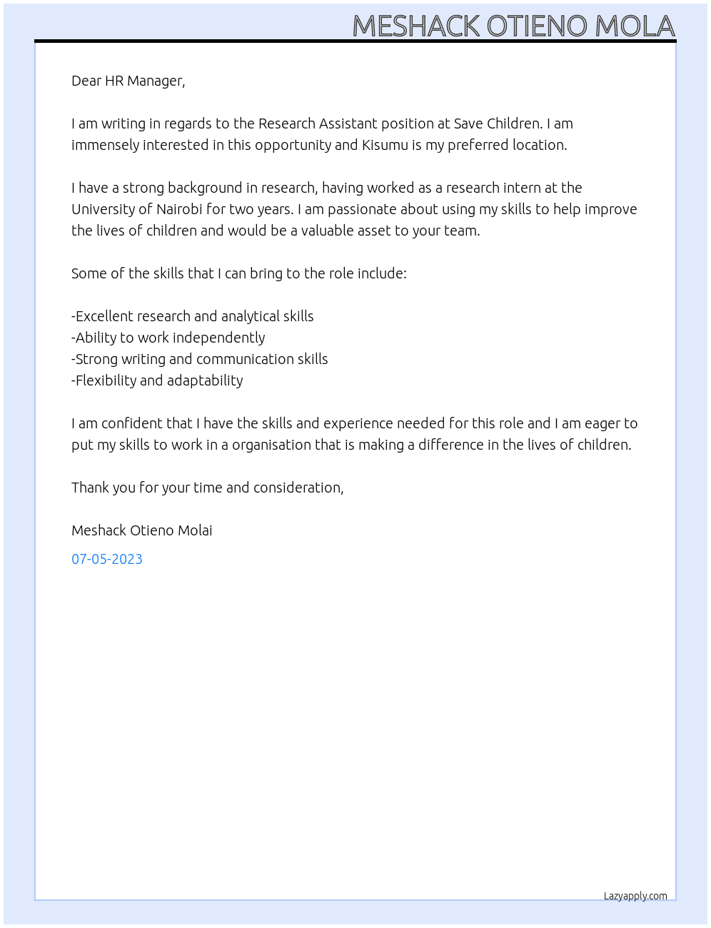 RESEARCH ASSISTANT At Save Children Cover Letter