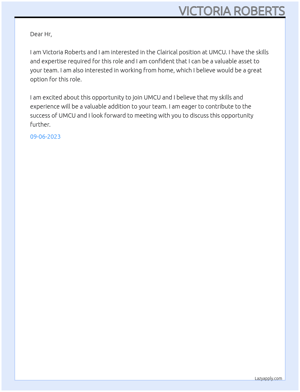 Clairical  At UMCU Cover Letter