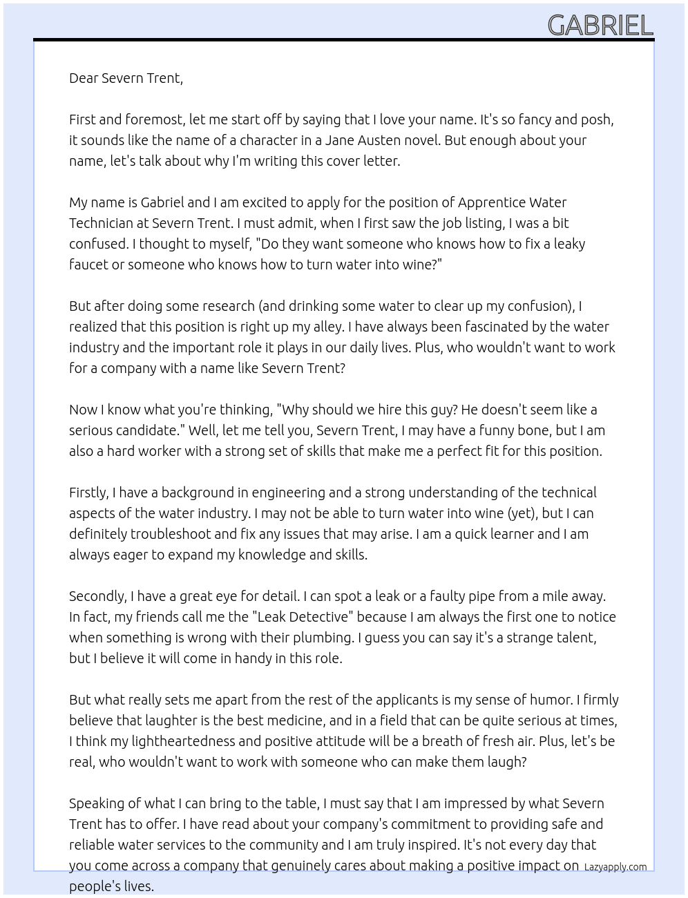 Apprentice water technician  At Severn Trent Cover Letter
