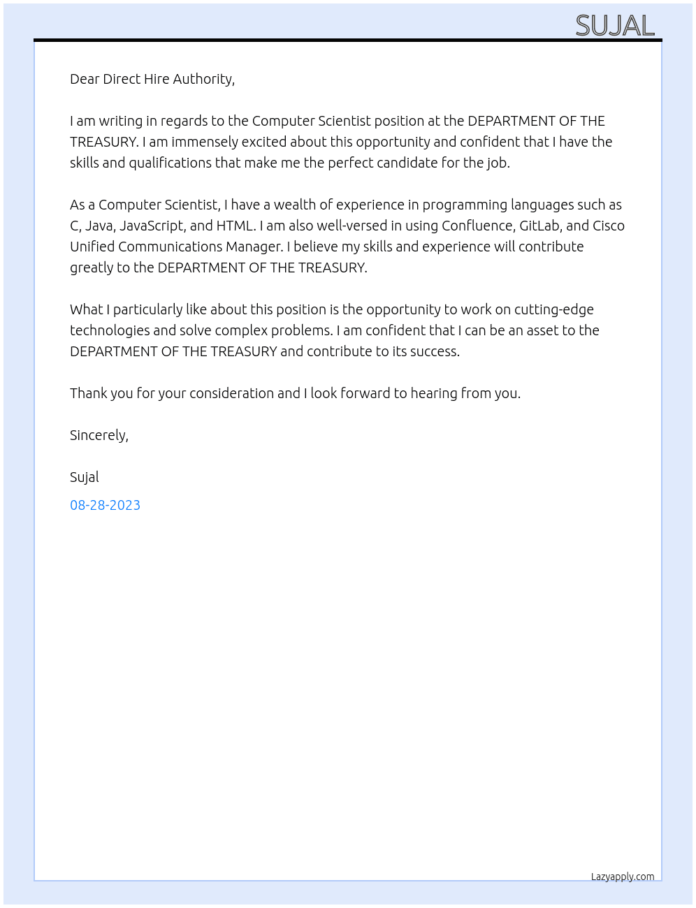 Computer Scientist At DEPARTMENT OF THE TREASURY Cover Letter