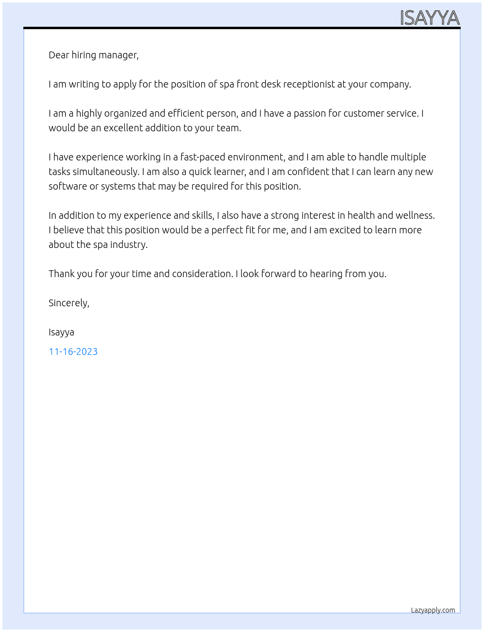spa front desk recepionist At spa Cover Letter