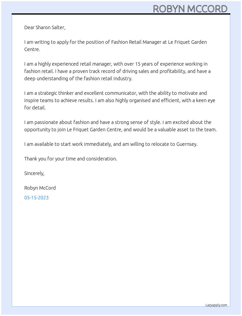 Fashion Retail Manager  At Le Friquet Garden Centre Cover Letter