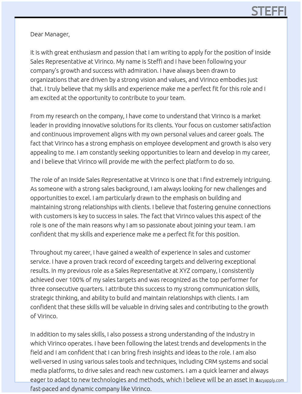 inside sales representative At virinco Cover Letter