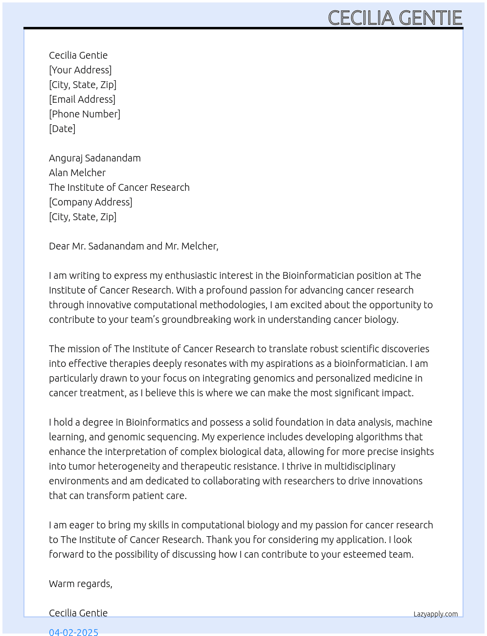 Cover letter for bioinformatician - LazyApply