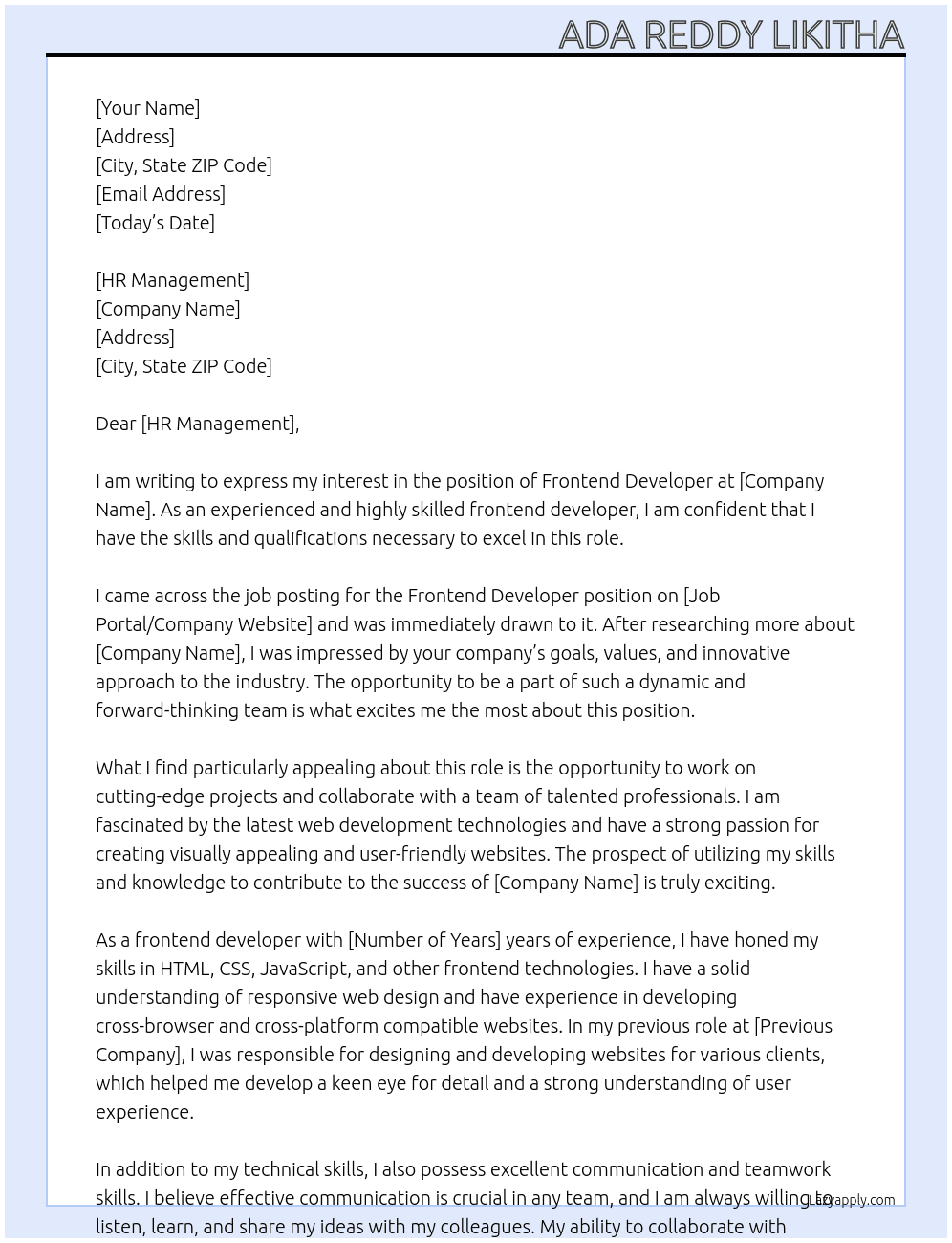 frontend developer At PaGaLGuY Cover Letter