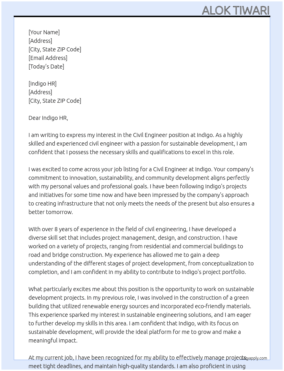 Civil engineer  At Indigo  Cover Letter