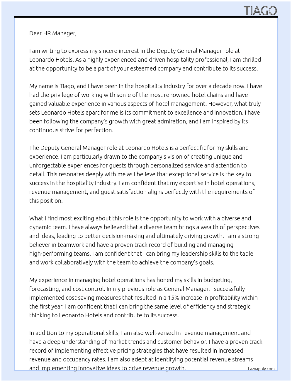 Deputy General Manager At Leonardo Hotels Cover Letter