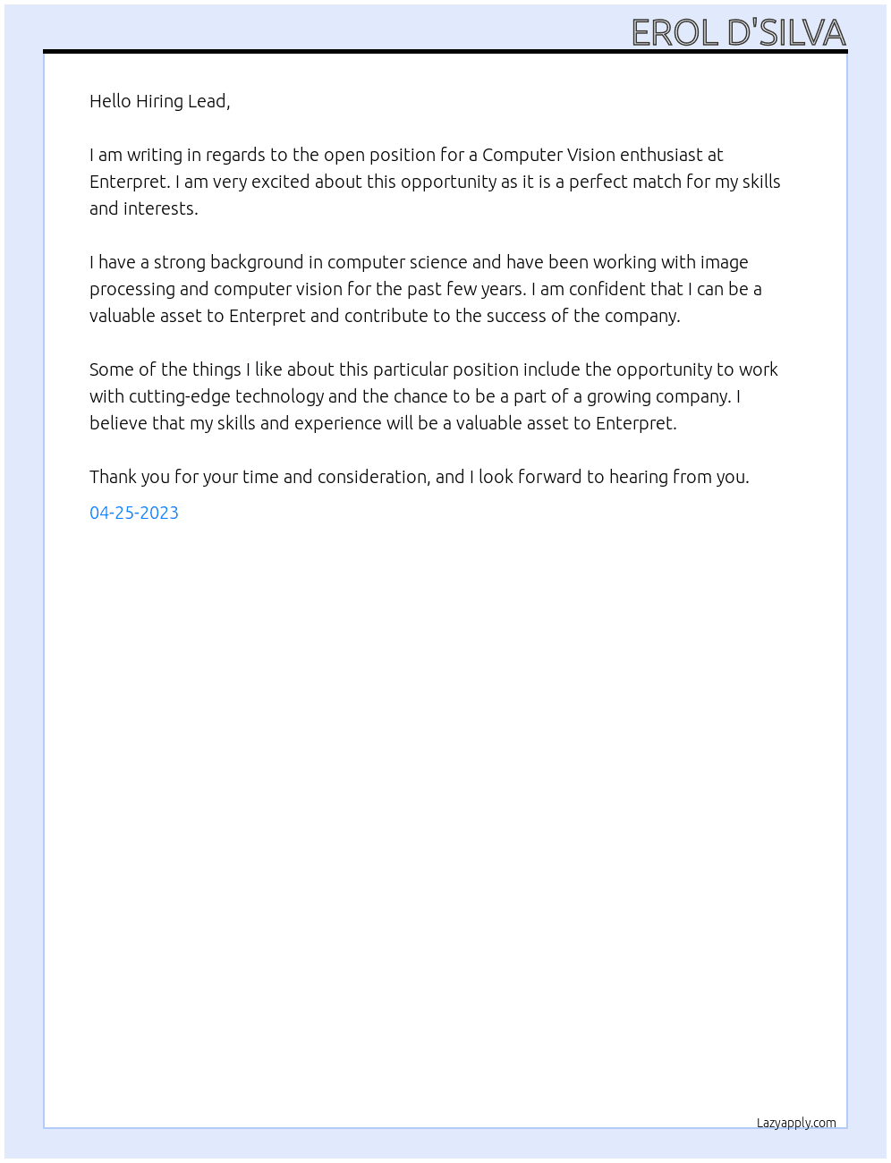Computer Vision enthusiast  At Enterpret Cover Letter