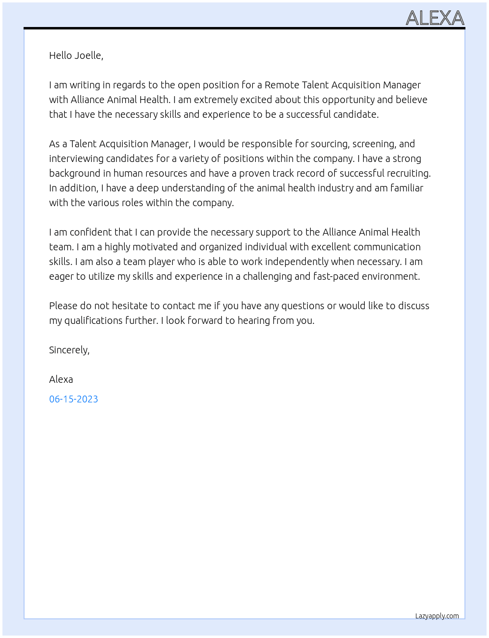 Remote Talent Acquisition Manager At Alliance Animal Health Cover Letter