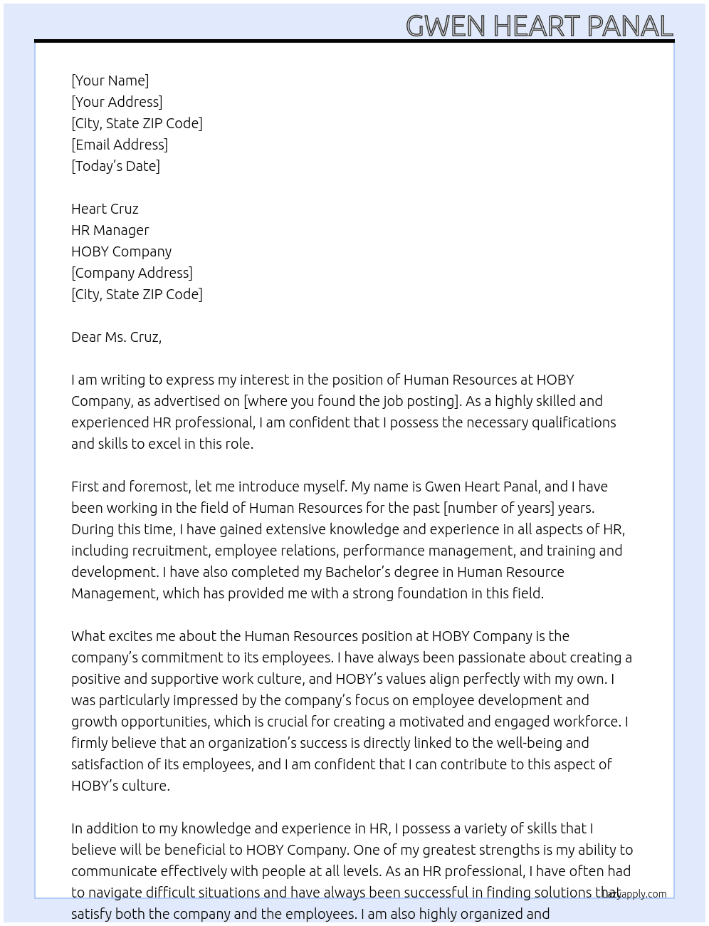 as an HUMAN RESOURCES  At HOBY COMPANY  Cover Letter