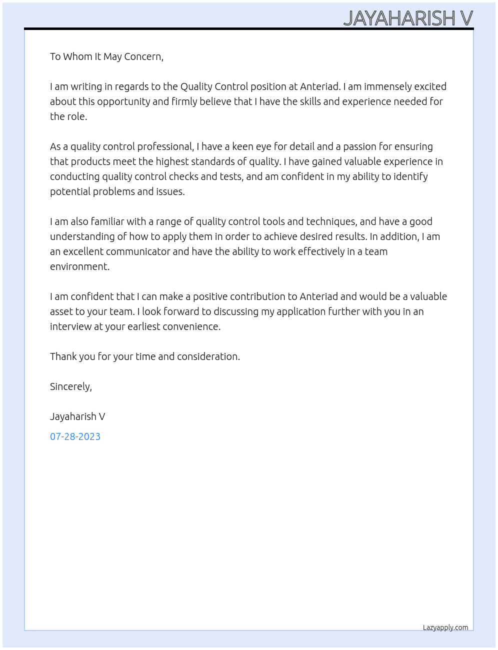 Quality Control At Anteriad Cover Letter