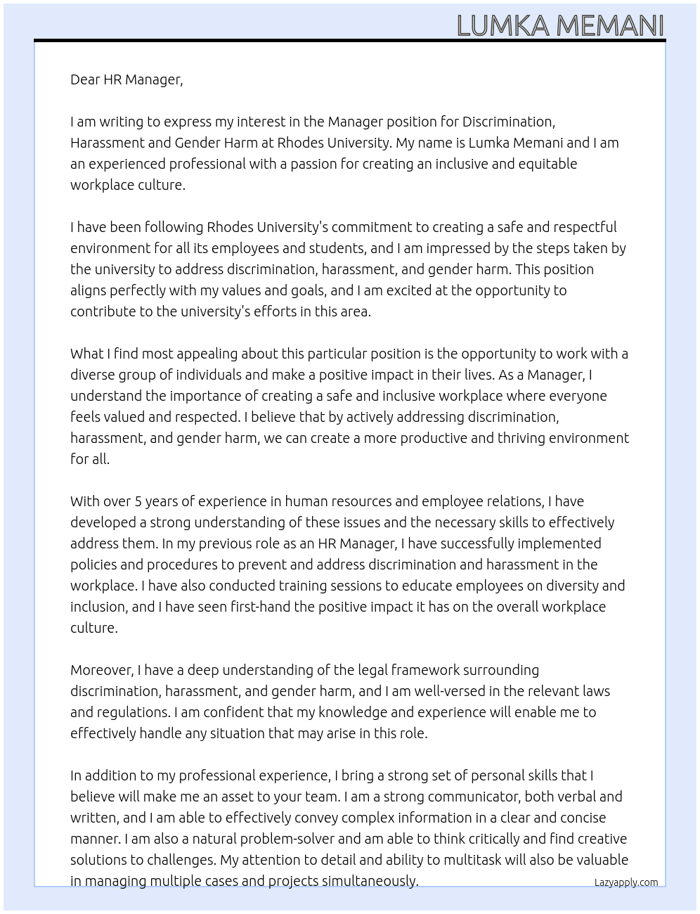 Manager:  Discrimination, Harassment and Gender Harm At Rhodes Univeristy Cover Letter