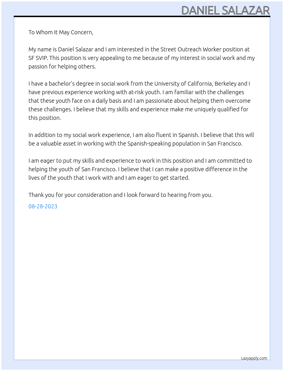 Street Outreach Worker At SF SVIP Cover Letter
