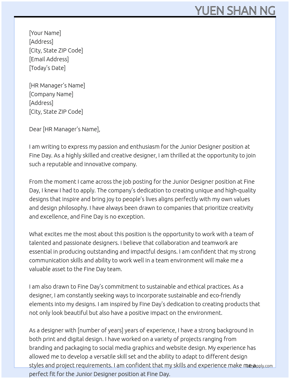 Junior Designer At Fine Day Cover Letter