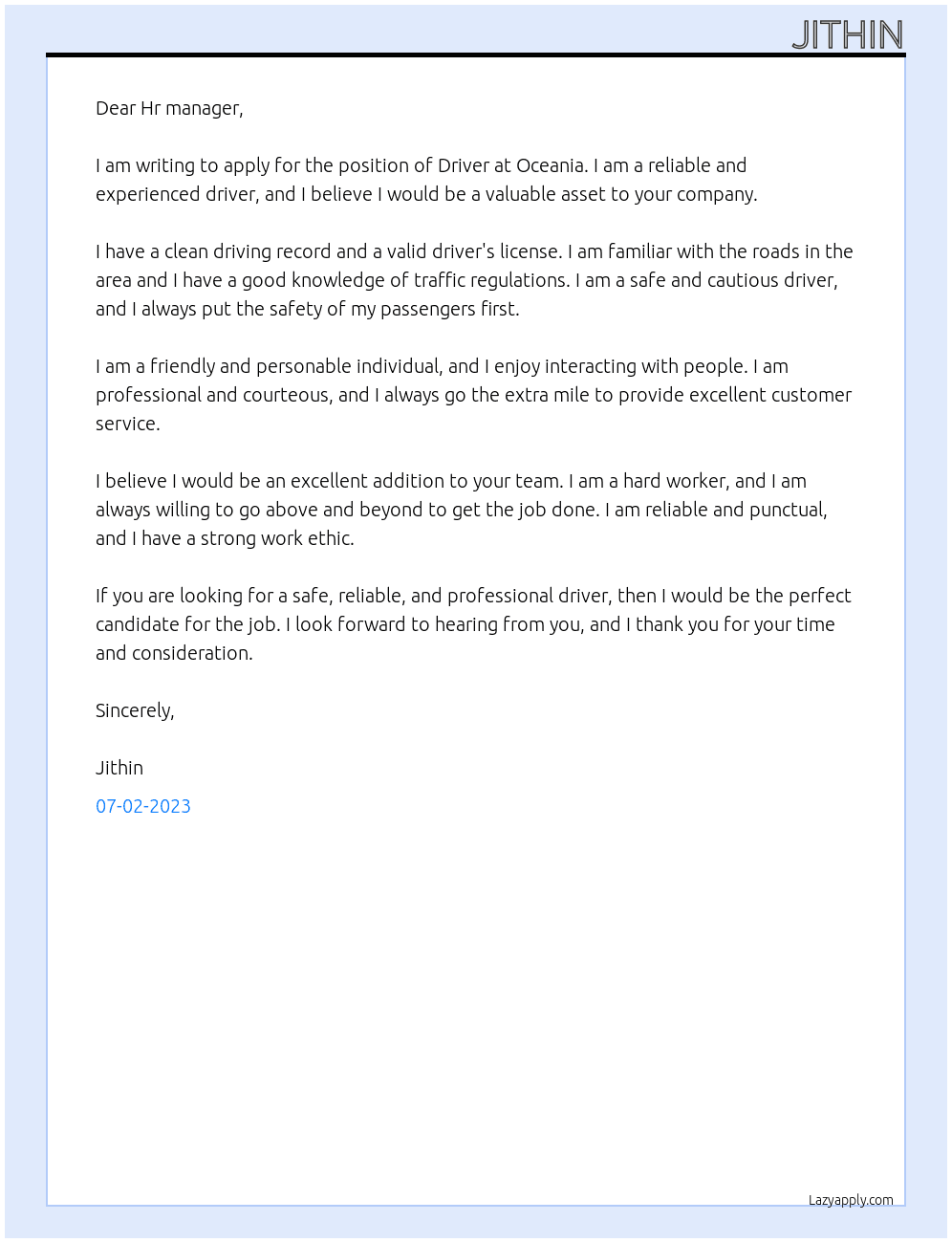 Driver At Oceania Cover Letter