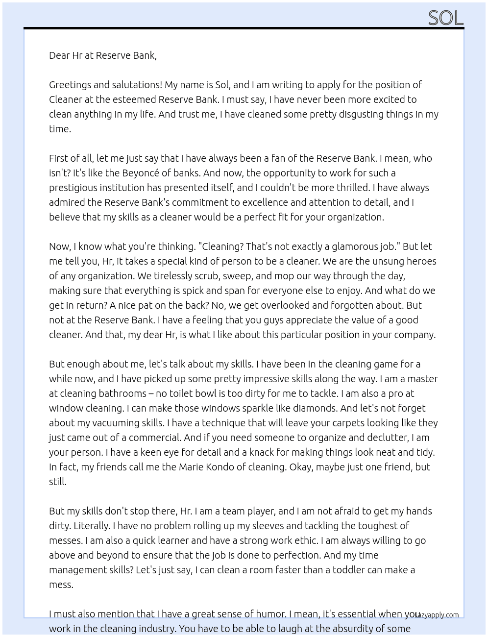 Cleaner At Reserve Bank Cover Letter