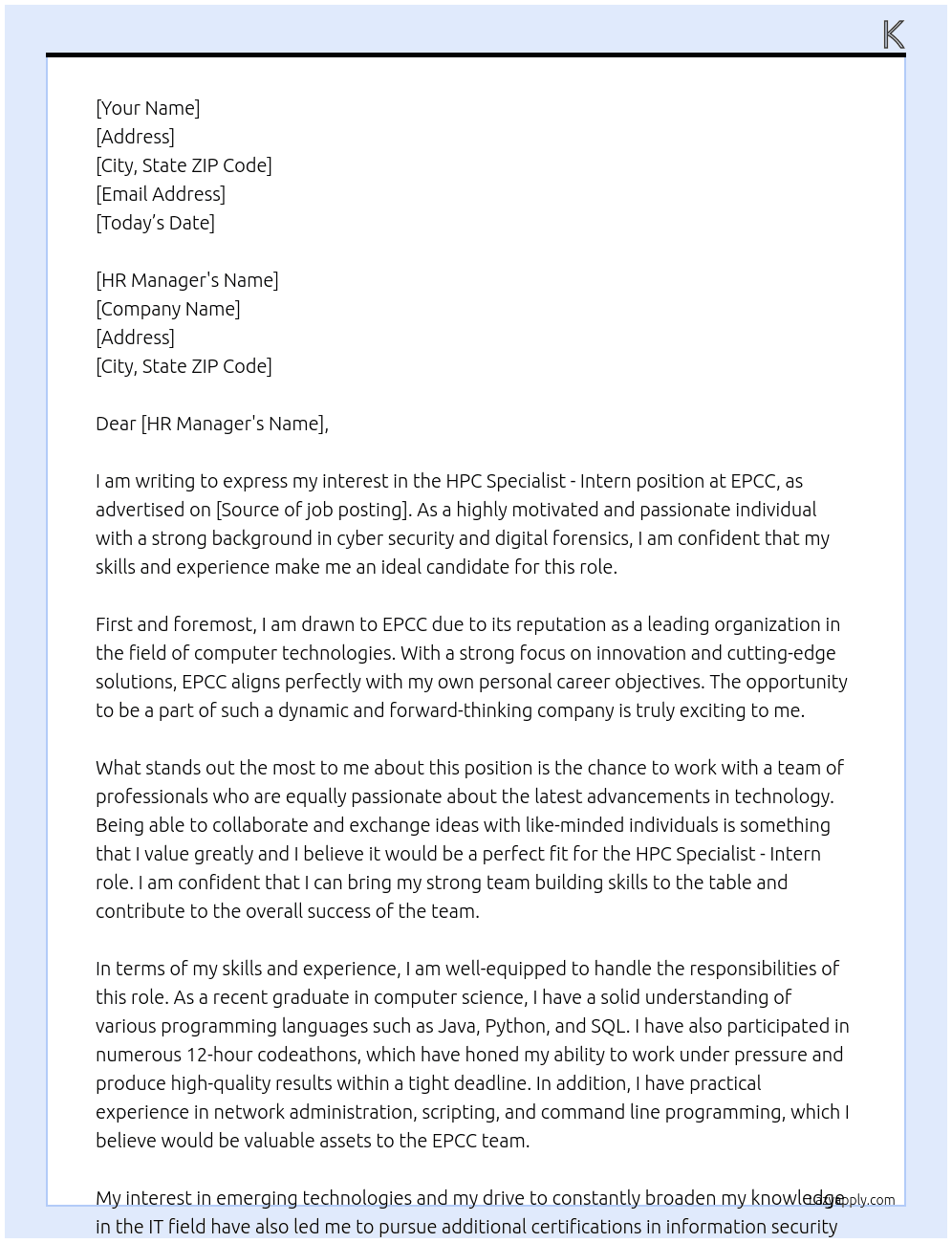 HPC specialist - intern At EPCC Cover Letter