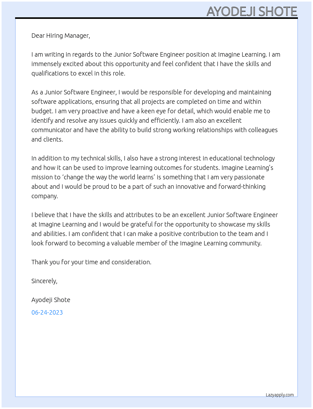 Junior Software Engineer At Imagine Learning Cover Letter