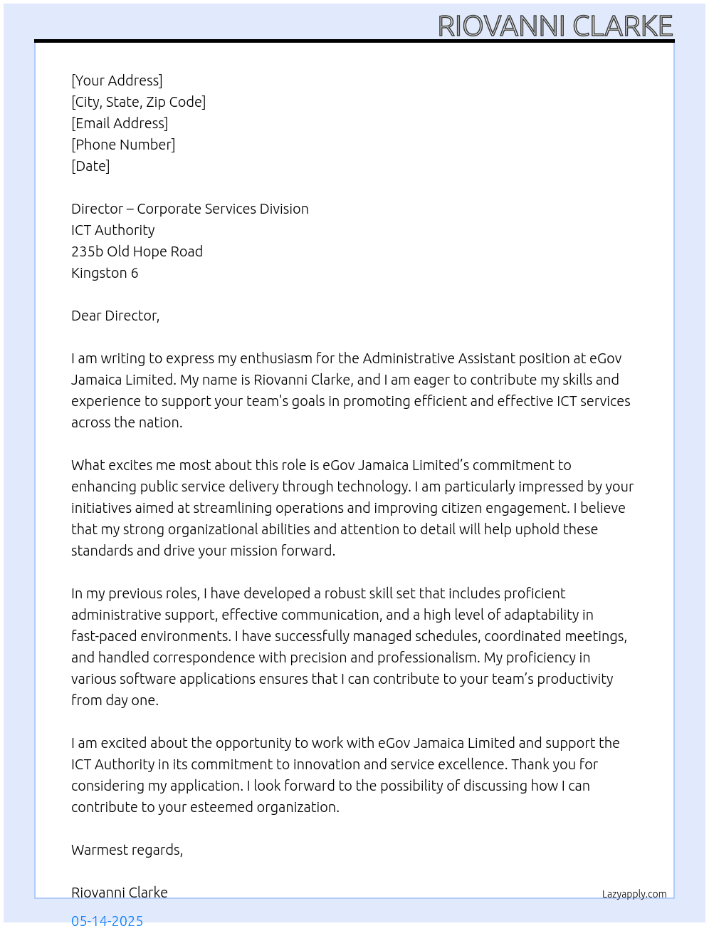 Administrative Assistant At eGov Jamaica Limited Cover Letter