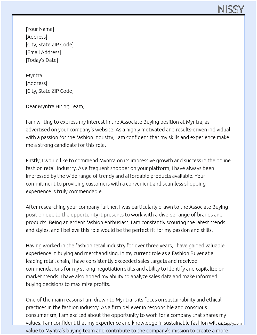 Associate Buying  At Myntra  Cover Letter