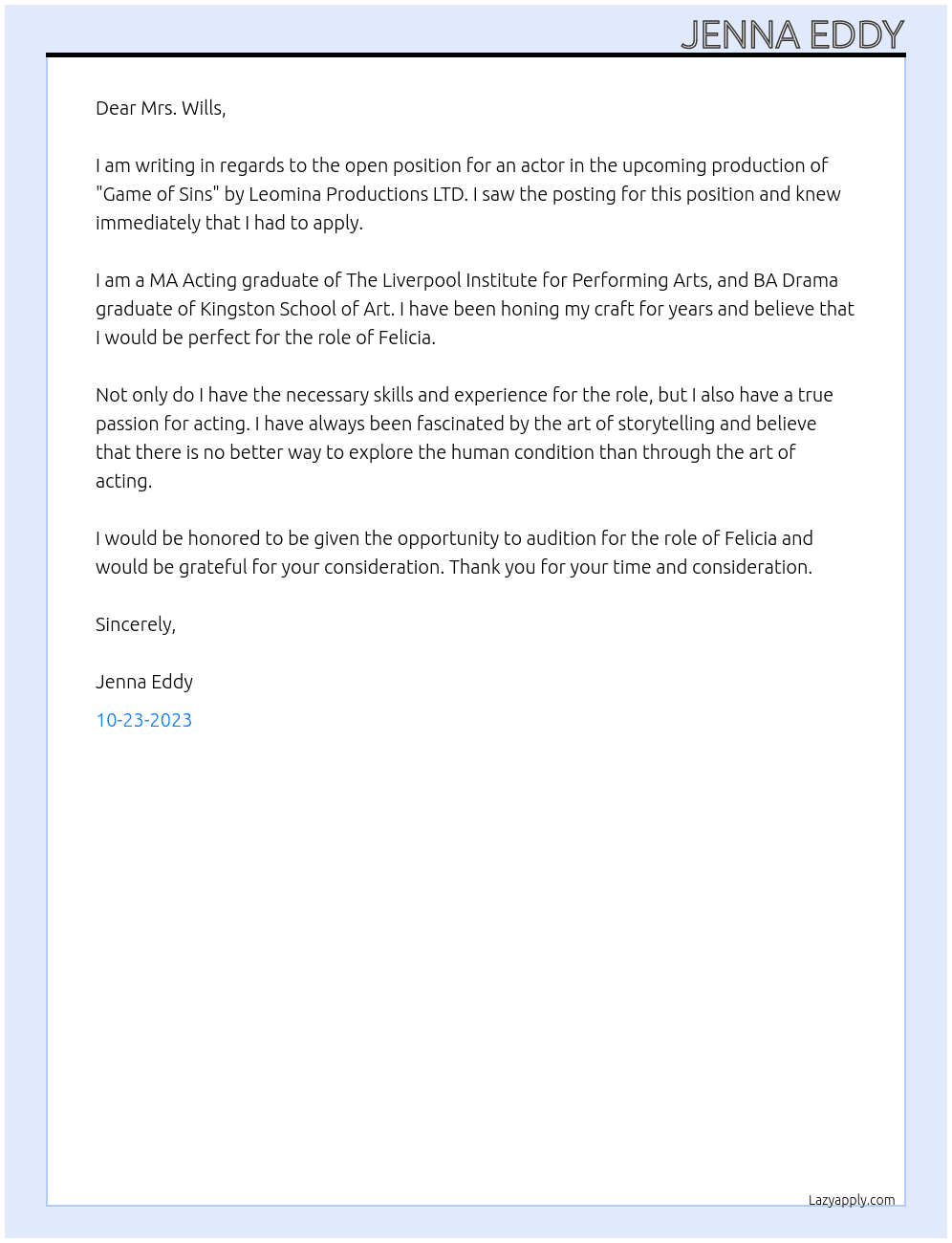 Actor in 'Game of Sins' At Leomina Productions LTD Cover Letter