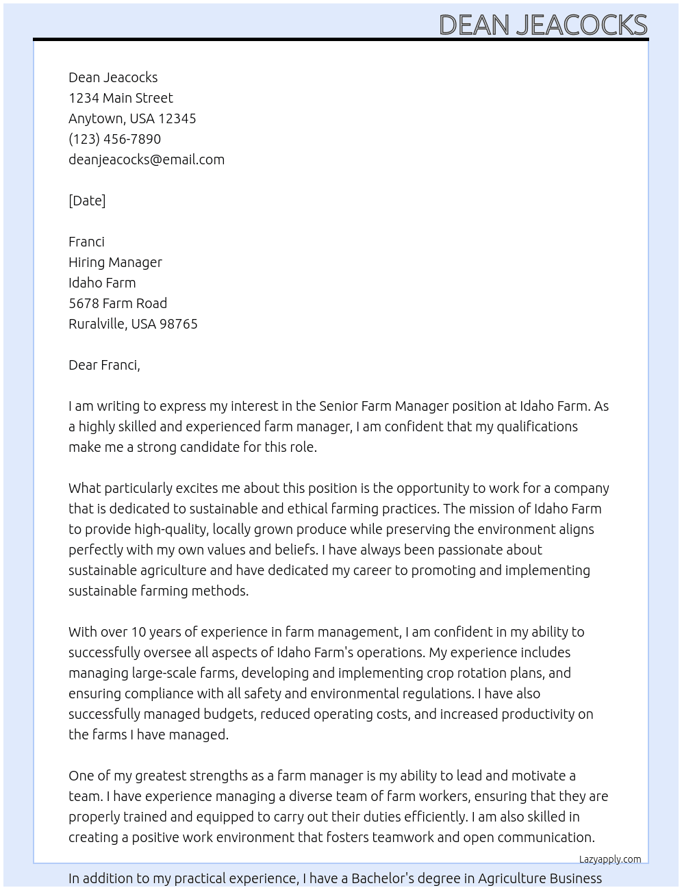 Senior Farm manager At Idaho Farm Cover Letter