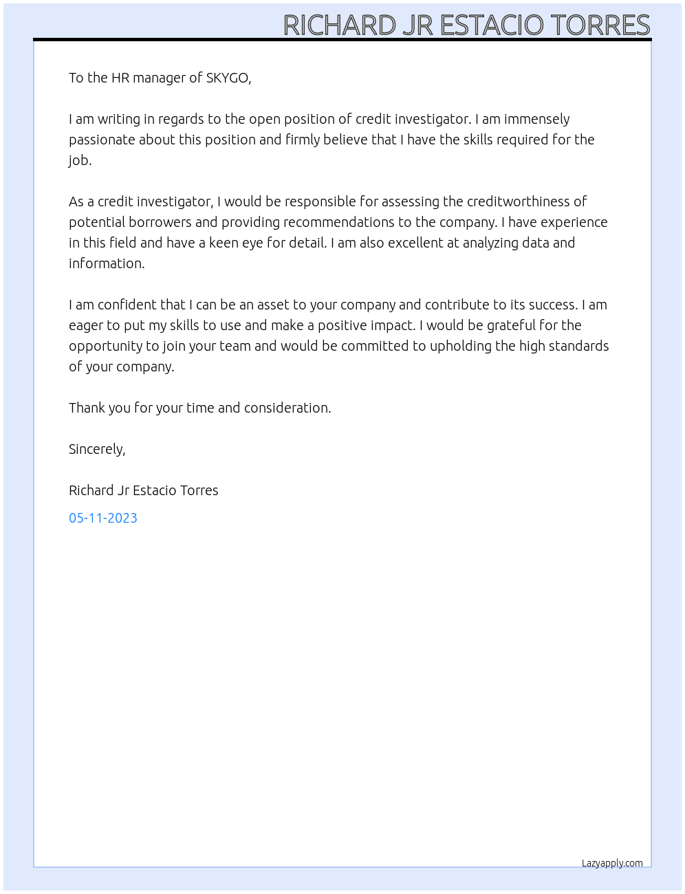 Credit investigator At SKYGO Cover Letter