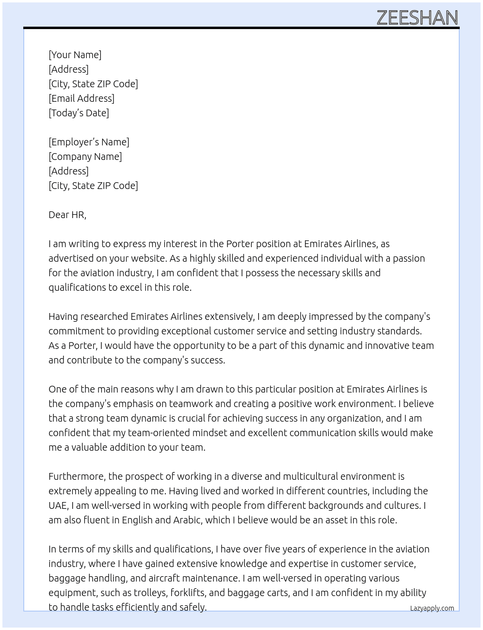 Porter At Emirates Airlines Cover Letter