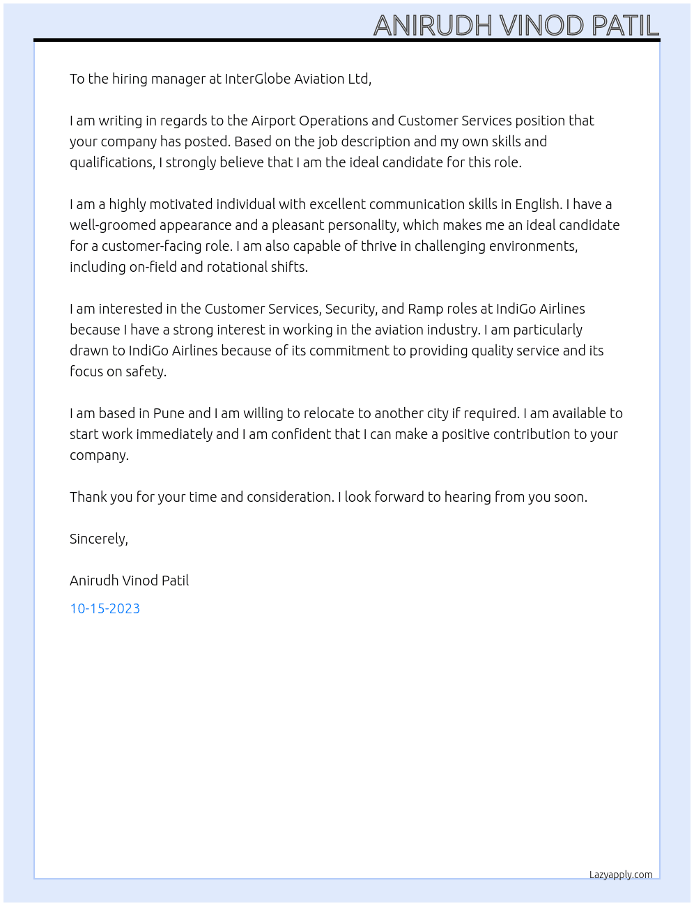 Airport Operations and Customer Services At IndiGo Airlines Cover Letter
