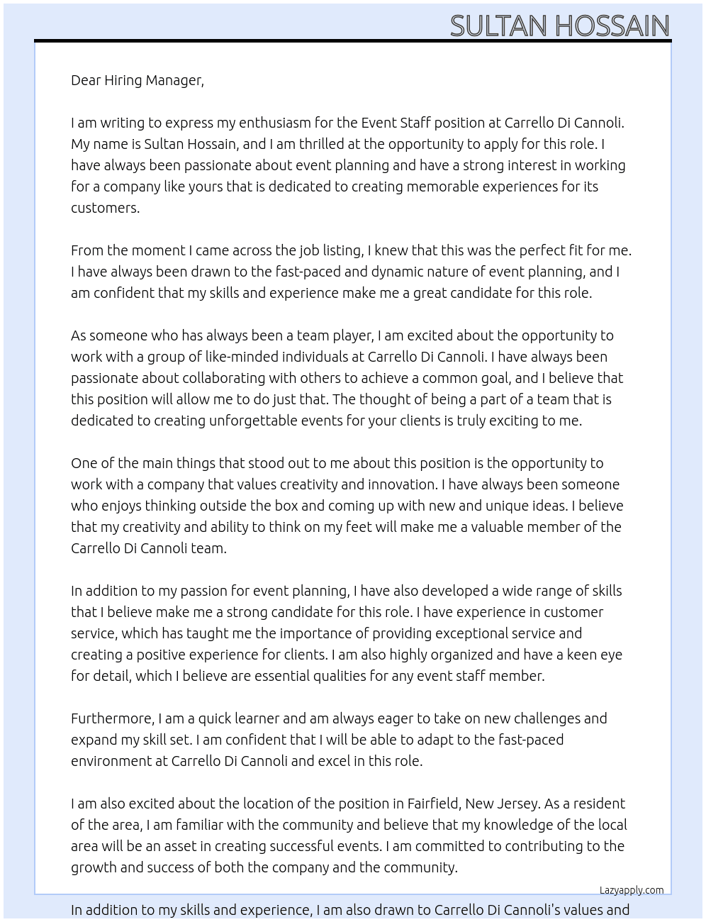 Event Staff At Carrello Di Cannoli Cover Letter