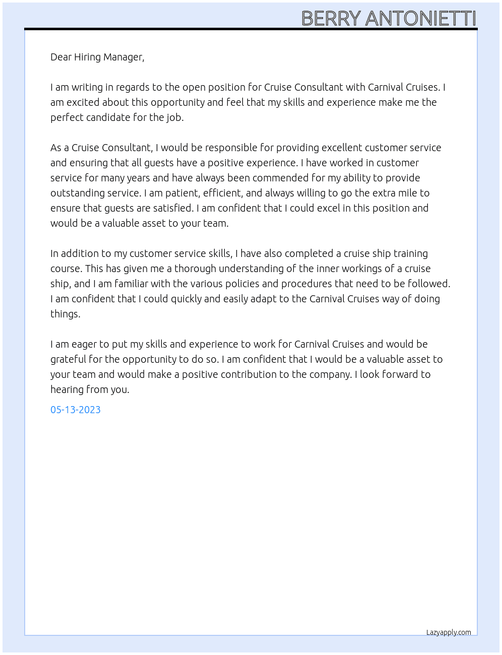 Cruise Consultant At Carnival Cruises Cover Letter
