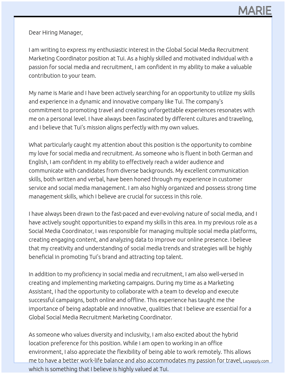 Global Social Media Recruitment Marketing Coordinator At Tui Cover Letter